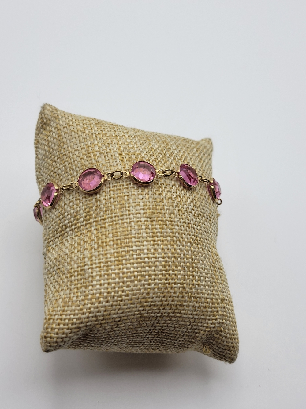 Vintage Pink Crystal Circle Gold Tone Bracelet Unmarked